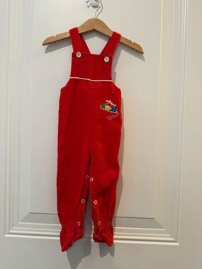 🚂 Vintage Corduroy Footed Baby Overalls with Train Embroidery